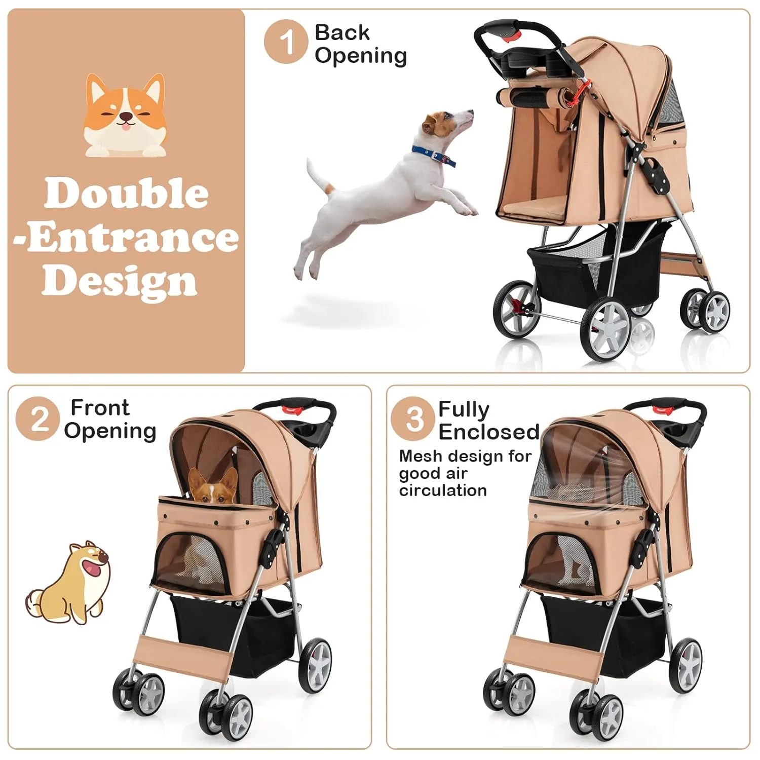 S AFSTAR 4 Wheels Pet Stroller, Folding Cat Dog Stroller W/Storage Basket & Tray, Adjustable Canopy, All-Terrain EVA Wheels, Foldable Carrier Strolling Cart for Medium Small Dogs Cats Travel (Beige)