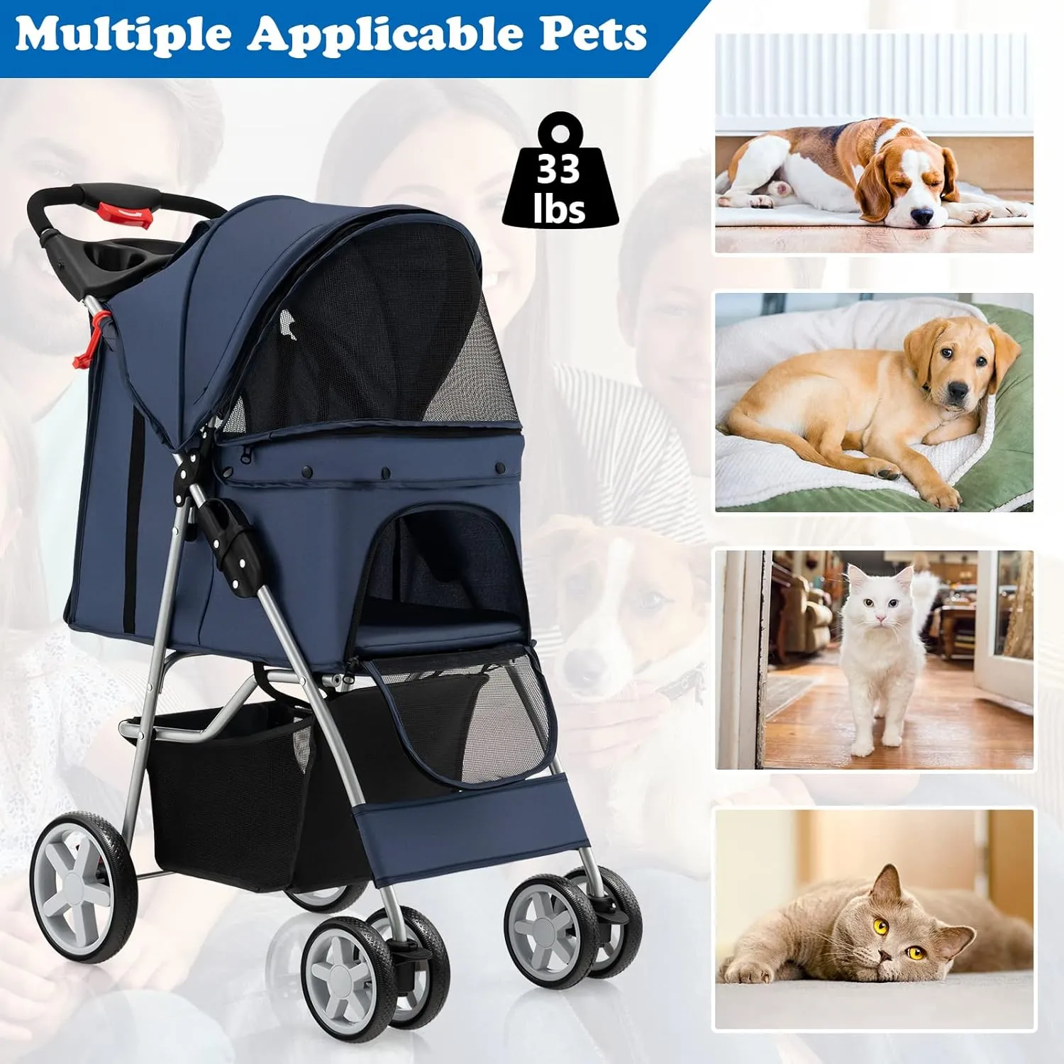 S AFSTAR 4 Wheels Pet Stroller, Folding Cat Dog Stroller W/Storage Basket & Tray, Adjustable Canopy, All-Terrain EVA Wheels, Foldable Carrier Strolling Cart for Medium Small Dogs Cats Travel (Navy)
