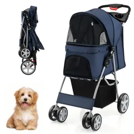 S AFSTAR 4 Wheels Pet Stroller, Folding Cat Dog Stroller W/Storage Basket & Tray, Adjustable Canopy, All-Terrain EVA Wheels, Foldable Carrier Strolling Cart for Medium Small Dogs Cats Travel (Navy)