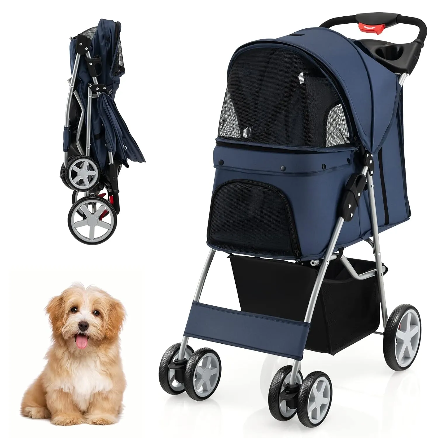 S AFSTAR 4 Wheels Pet Stroller, Folding Cat Dog Stroller W/Storage Basket & Tray, Adjustable Canopy, All-Terrain EVA Wheels, Foldable Carrier Strolling Cart for Medium Small Dogs Cats Travel (Navy)