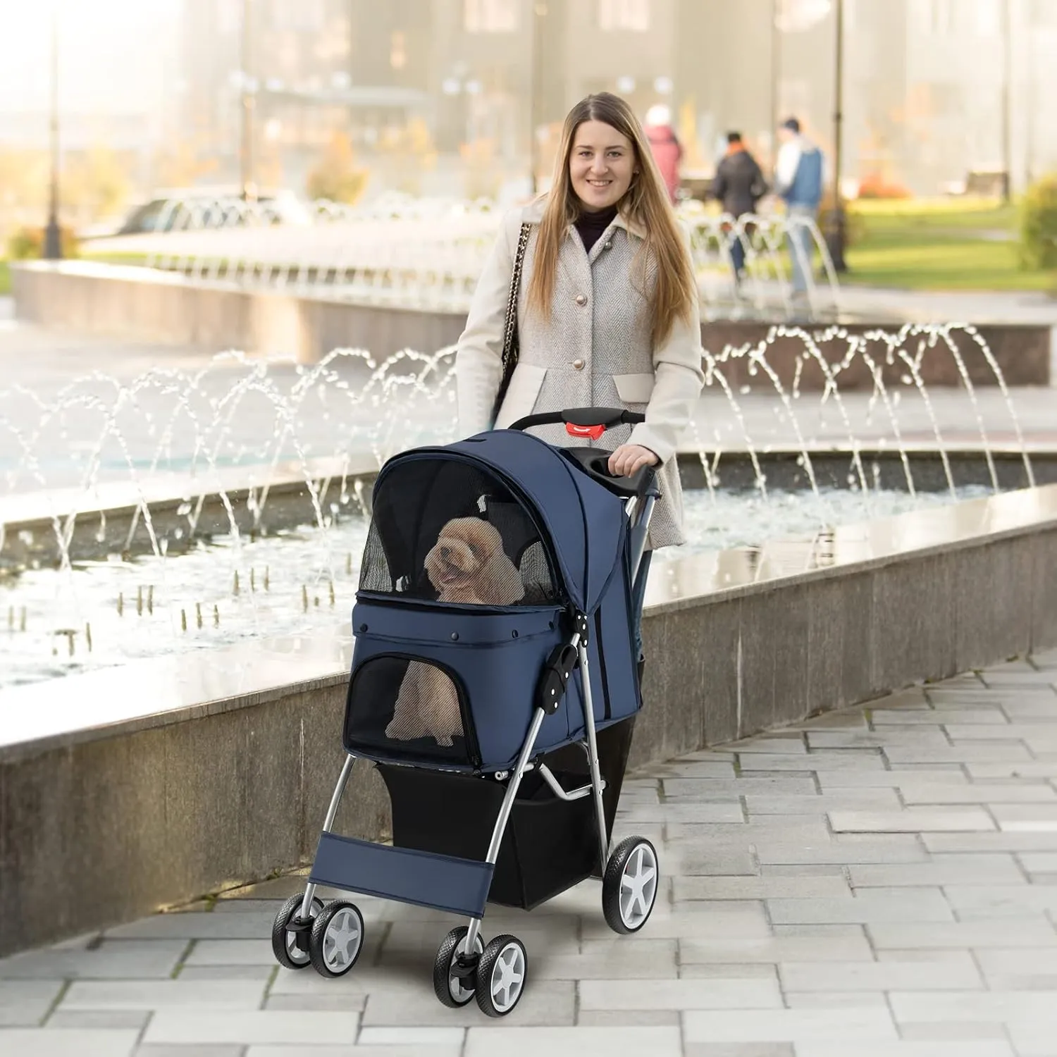 S AFSTAR 4 Wheels Pet Stroller, Folding Cat Dog Stroller W/Storage Basket & Tray, Adjustable Canopy, All-Terrain EVA Wheels, Foldable Carrier Strolling Cart for Medium Small Dogs Cats Travel (Navy)