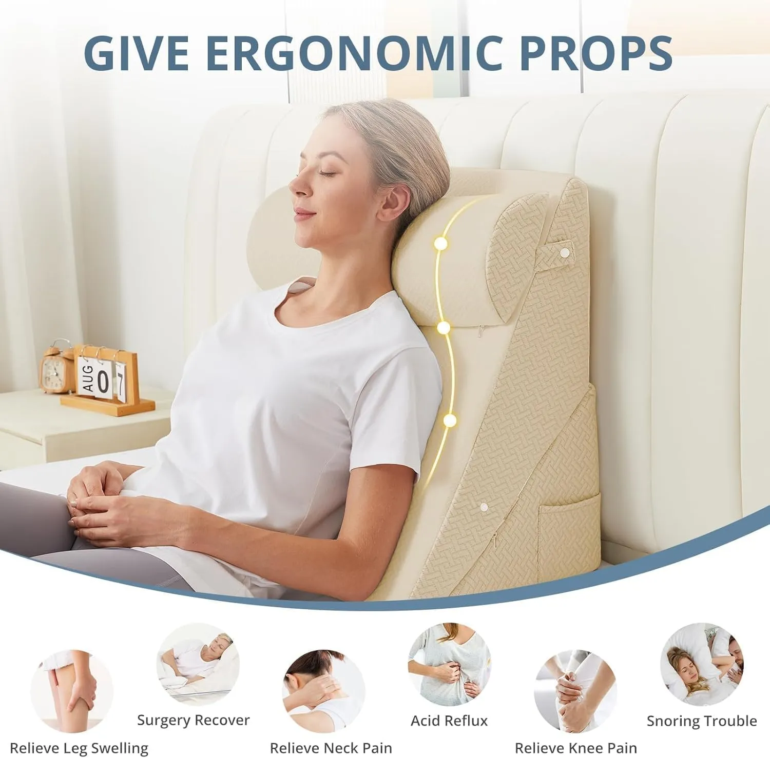 Sasttie Wedge Pillow Set for After Surgery, Adjustable Bed Wedge Pillow Headboard with Orthopedic Memory Foam Neck Cushion  for Acid Reflux, Sleeping, Neck & Back Support, Beige