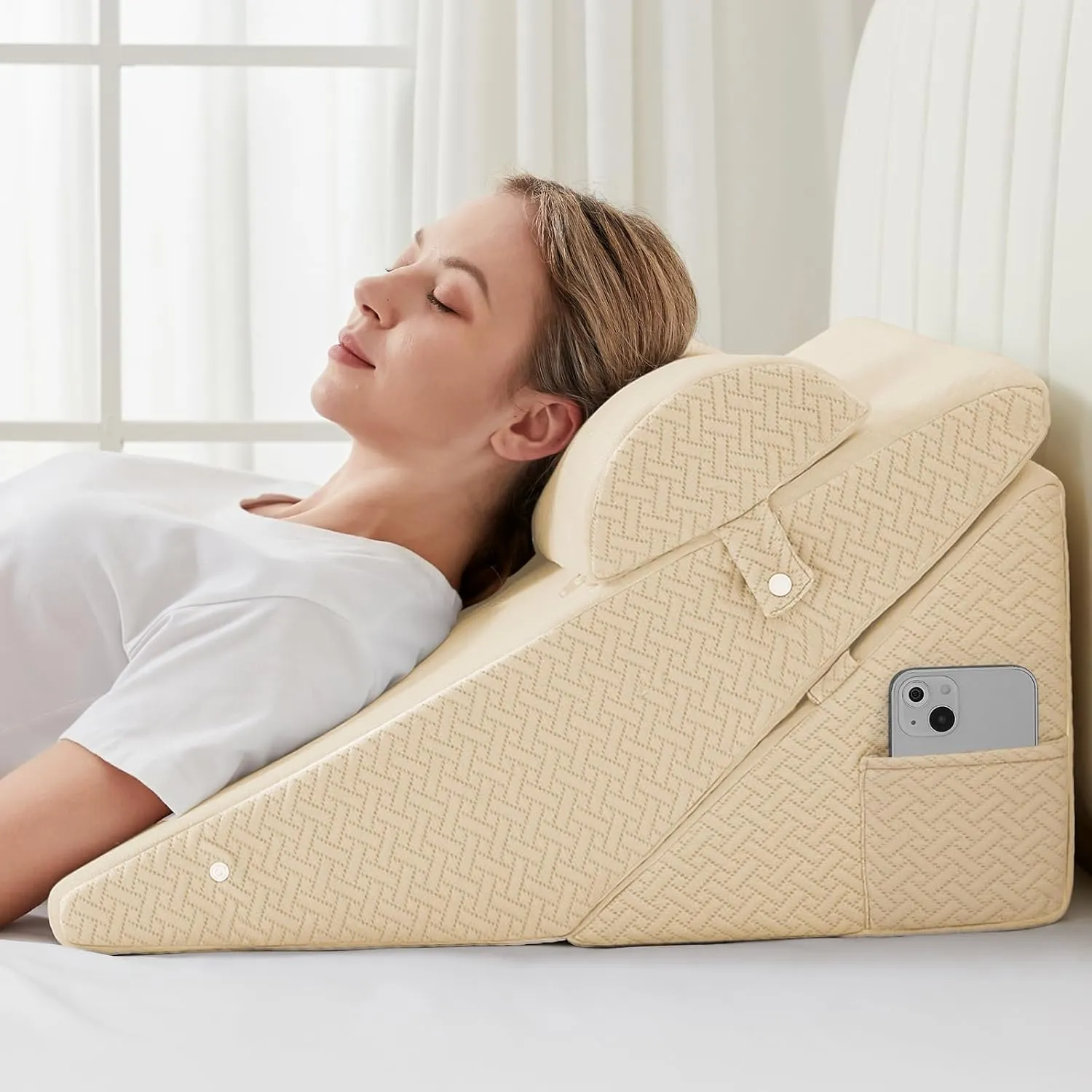 Sasttie Wedge Pillow Set for After Surgery, Adjustable Bed Wedge Pillow Headboard with Orthopedic Memory Foam Neck Cushion  for Acid Reflux, Sleeping, Neck & Back Support, Beige