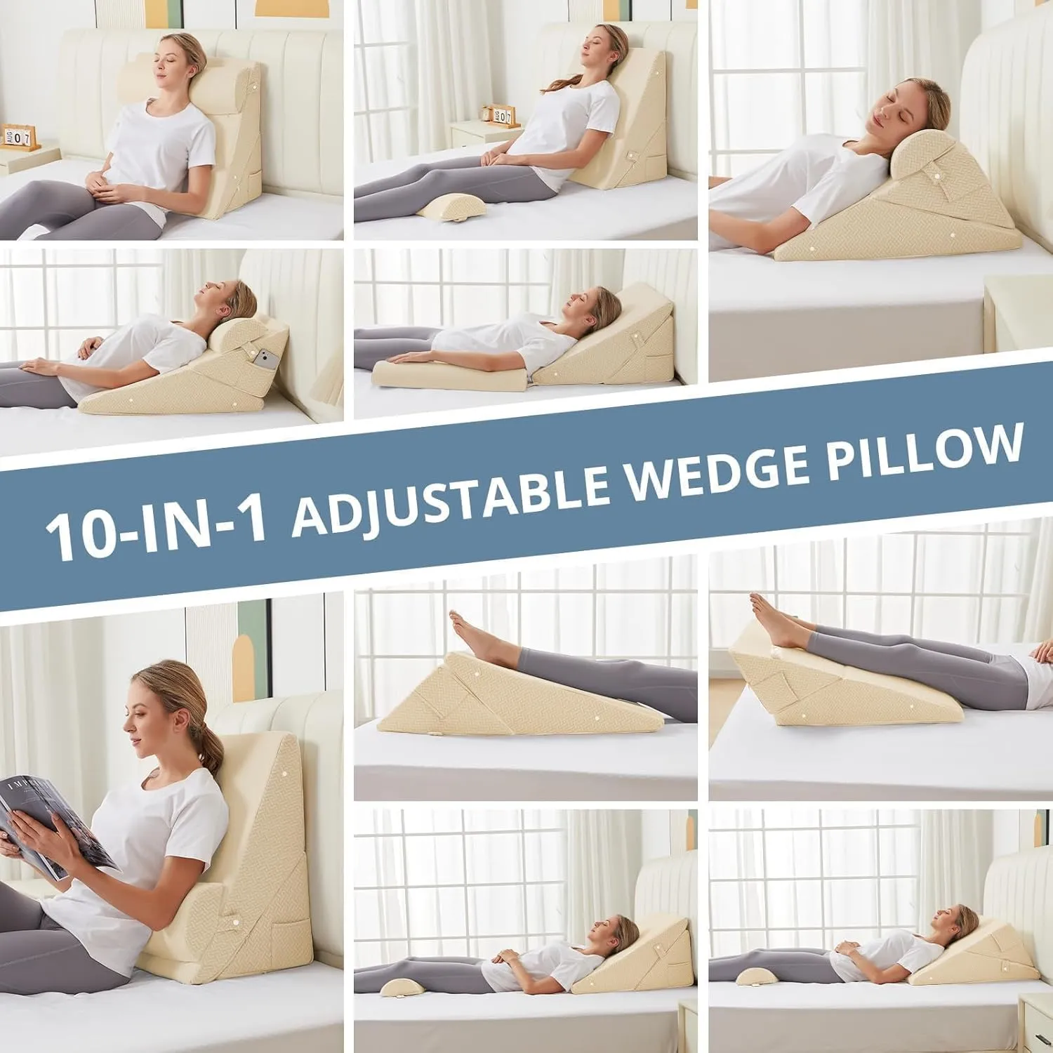 Sasttie Wedge Pillow Set for After Surgery, Adjustable Bed Wedge Pillow Headboard with Orthopedic Memory Foam Neck Cushion  for Acid Reflux, Sleeping, Neck & Back Support, Beige