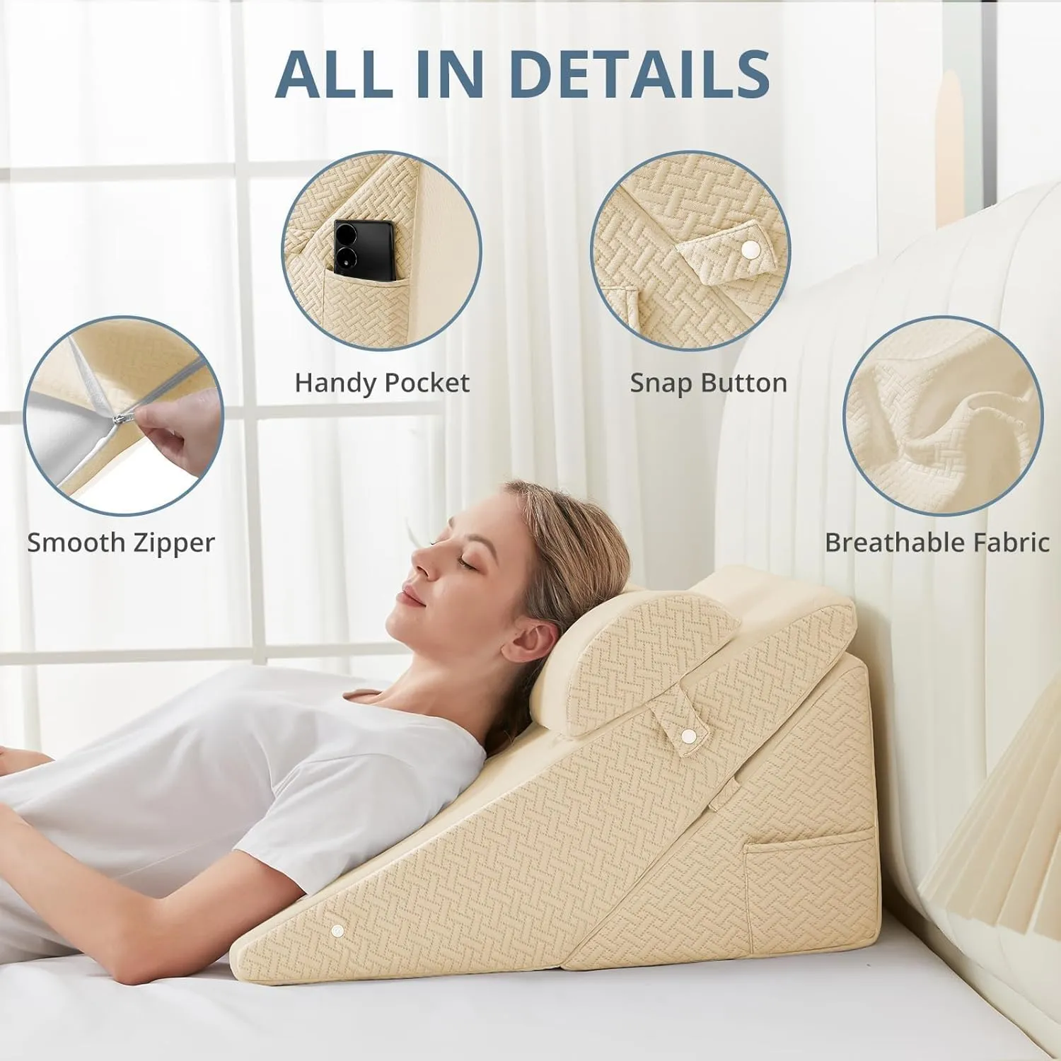 Sasttie Wedge Pillow Set for After Surgery, Adjustable Bed Wedge Pillow Headboard with Orthopedic Memory Foam Neck Cushion  for Acid Reflux, Sleeping, Neck & Back Support, Beige