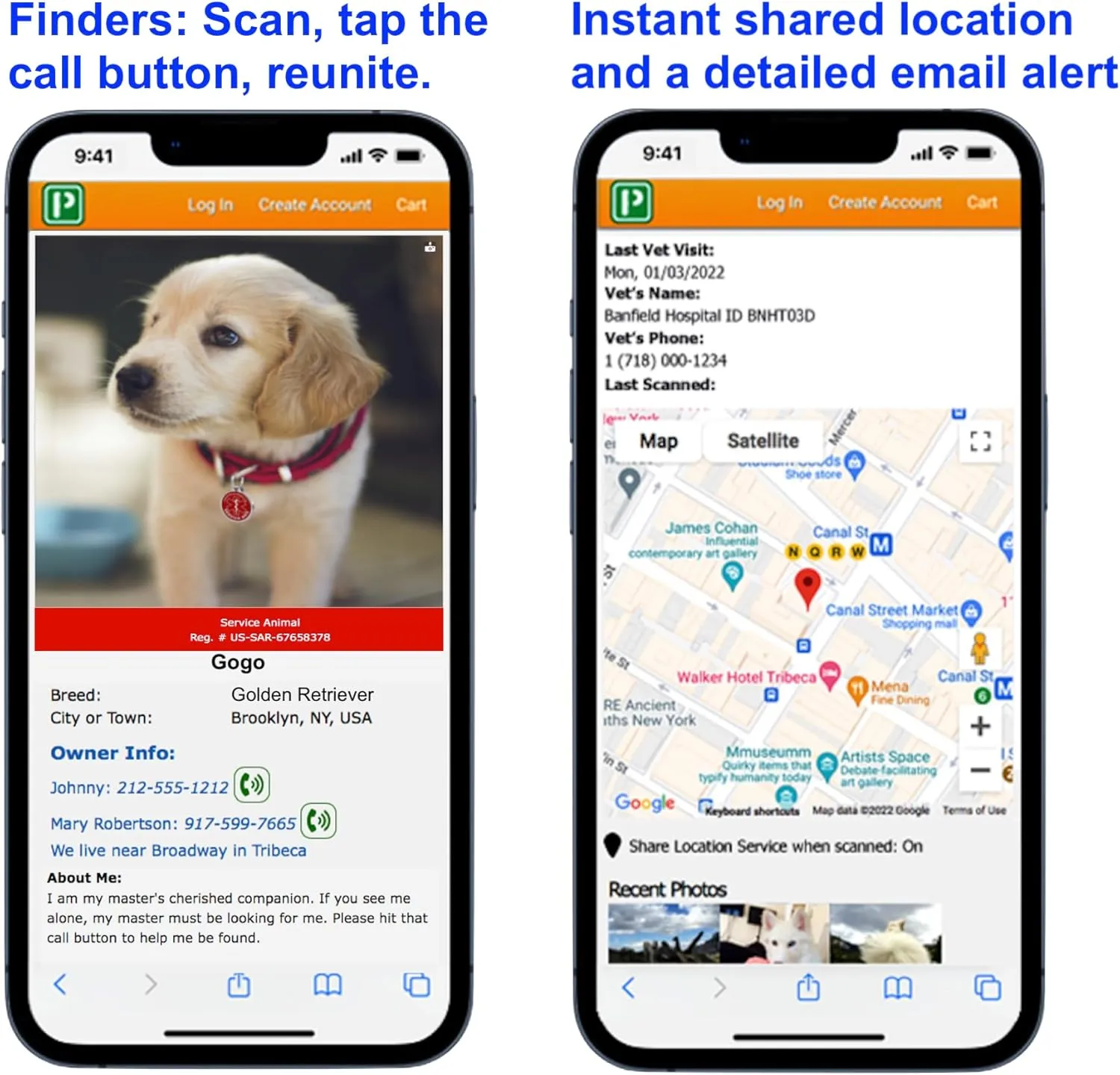 Service Animal QR Code ID Tag - Service Dog Tags: Instant Online Profile Access and Scan Location Email Alerts