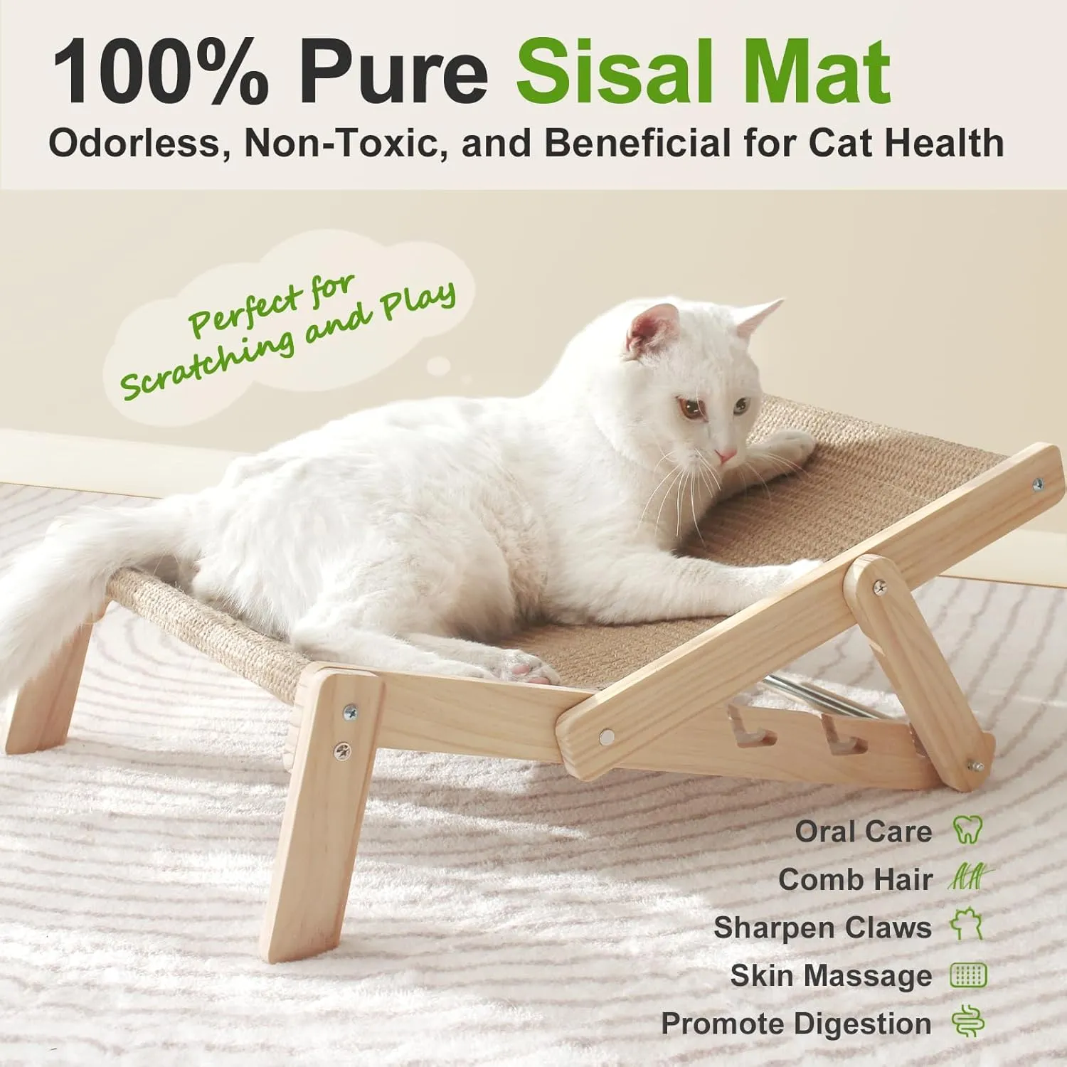 Sisal Cat Bed, Large Beds for Indoor Cats, Easy Clean Sisal Scratcher and Sturdy 4 Heights Adjustable Natural Wood Couch&Hammock Comfy Rustic Cat Furniture for Living Room Bedroom50 Lbs