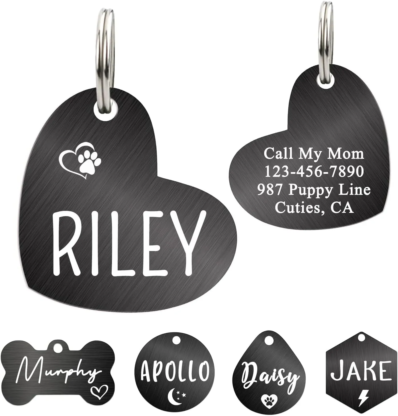 Ultra Joys Custom Personalized Dog ID Tag - Brushed Stainless Steel Heart, Small, Black