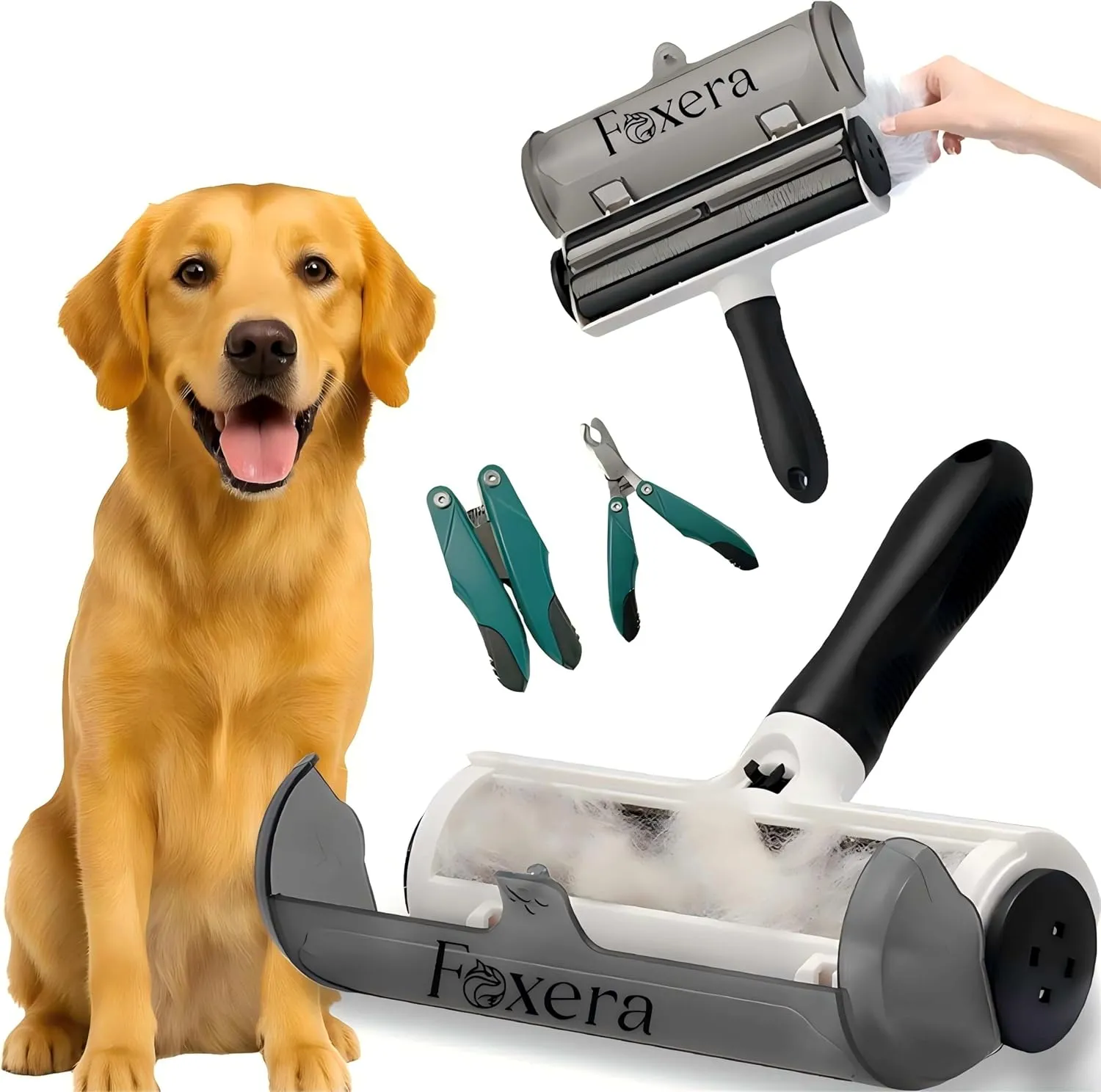 USA's Best 2in1 Detachable Pet Hair Removal Tool   Bonus Dog Nail Clippers, Reusable Lint Roller for Dogs & Cats, Furniture, Carpet, Couch, Clothes, Fur Remover - Removable Handle, No Refills Needed