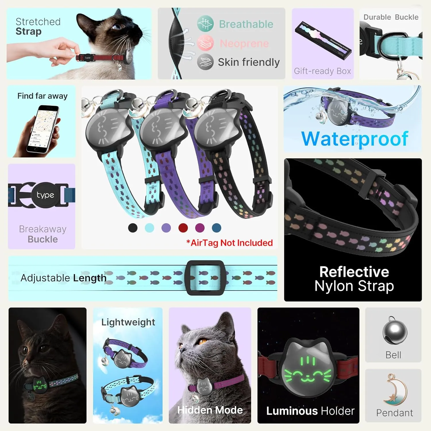 Waterproof Airtag Cat Collar with Luminous & Reflective Fish Pattern, Lightweight Kitten Collar for Apple AirTag, Hidden GPS Tracker Holder for Cats, Kittens (9-13")