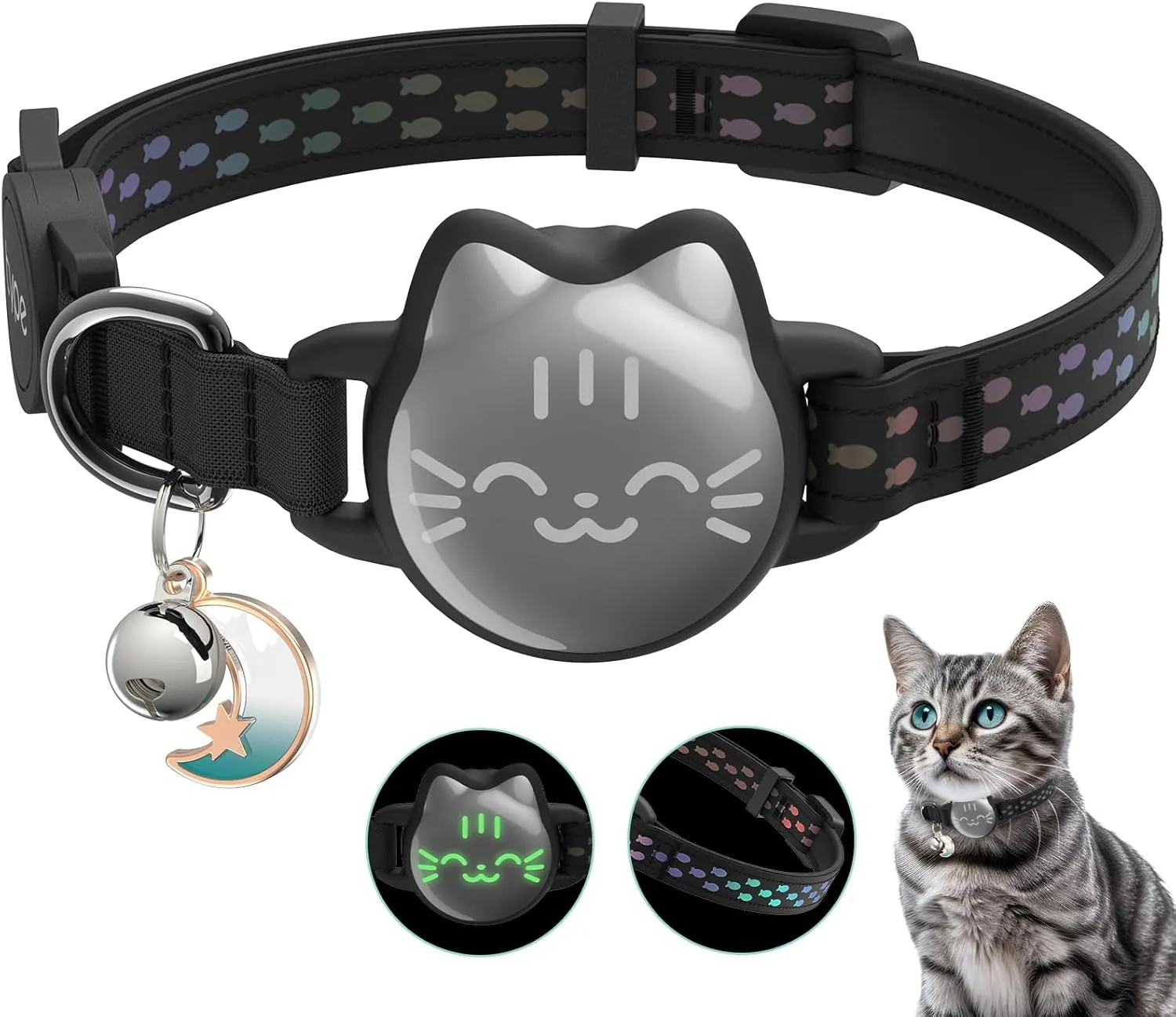 Waterproof Airtag Cat Collar with Luminous & Reflective Fish Pattern, Lightweight Kitten Collar for Apple AirTag, Hidden GPS Tracker Holder for Cats, Kittens (9-13")