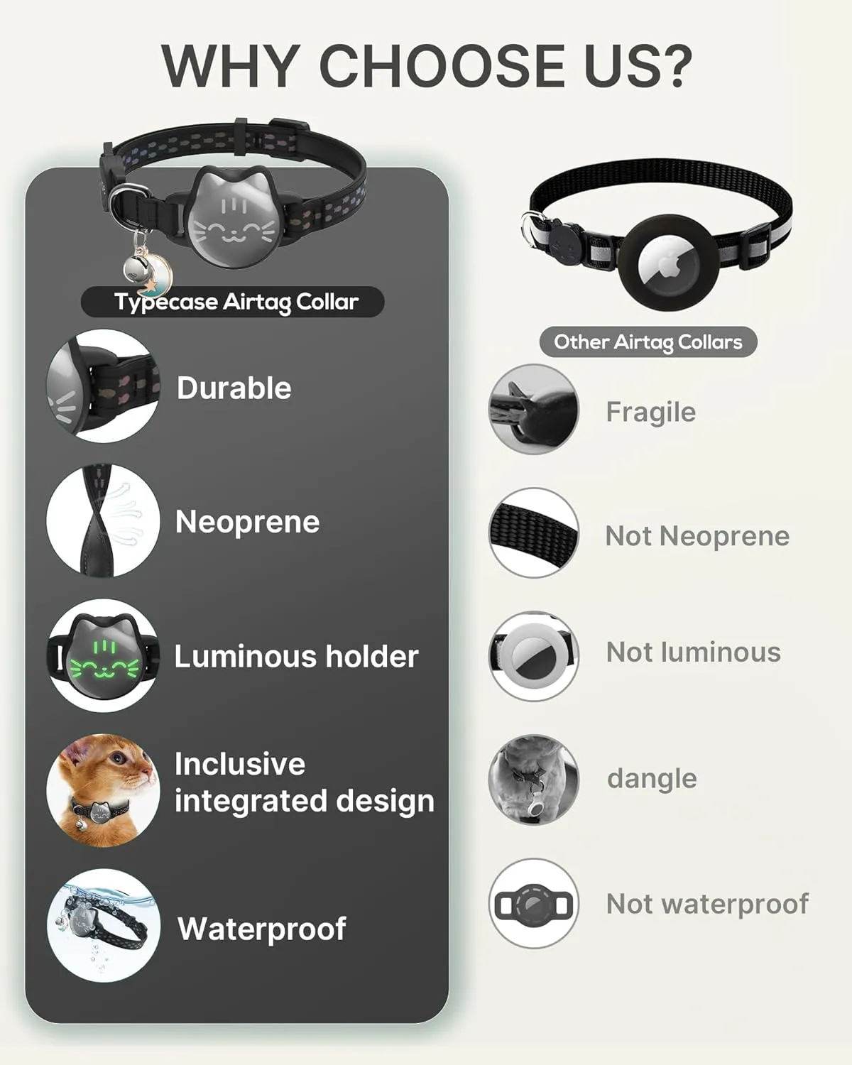 Waterproof Airtag Cat Collar with Luminous & Reflective Fish Pattern, Lightweight Kitten Collar for Apple AirTag, Hidden GPS Tracker Holder for Cats, Kittens (9-13")