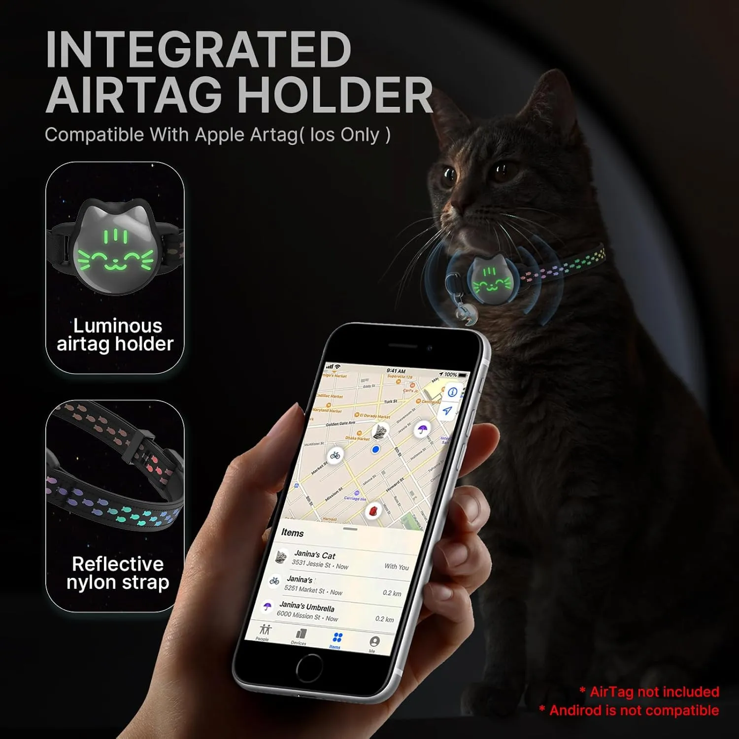 Waterproof Airtag Cat Collar with Luminous & Reflective Fish Pattern, Lightweight Kitten Collar for Apple AirTag, Hidden GPS Tracker Holder for Cats, Kittens (9-13")