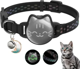 Waterproof Airtag Cat Collar with Luminous & Reflective Fish Pattern, Lightweight Kitten Collar for Apple AirTag, Hidden GPS Tracker Holder for Cats, Kittens (9-13")