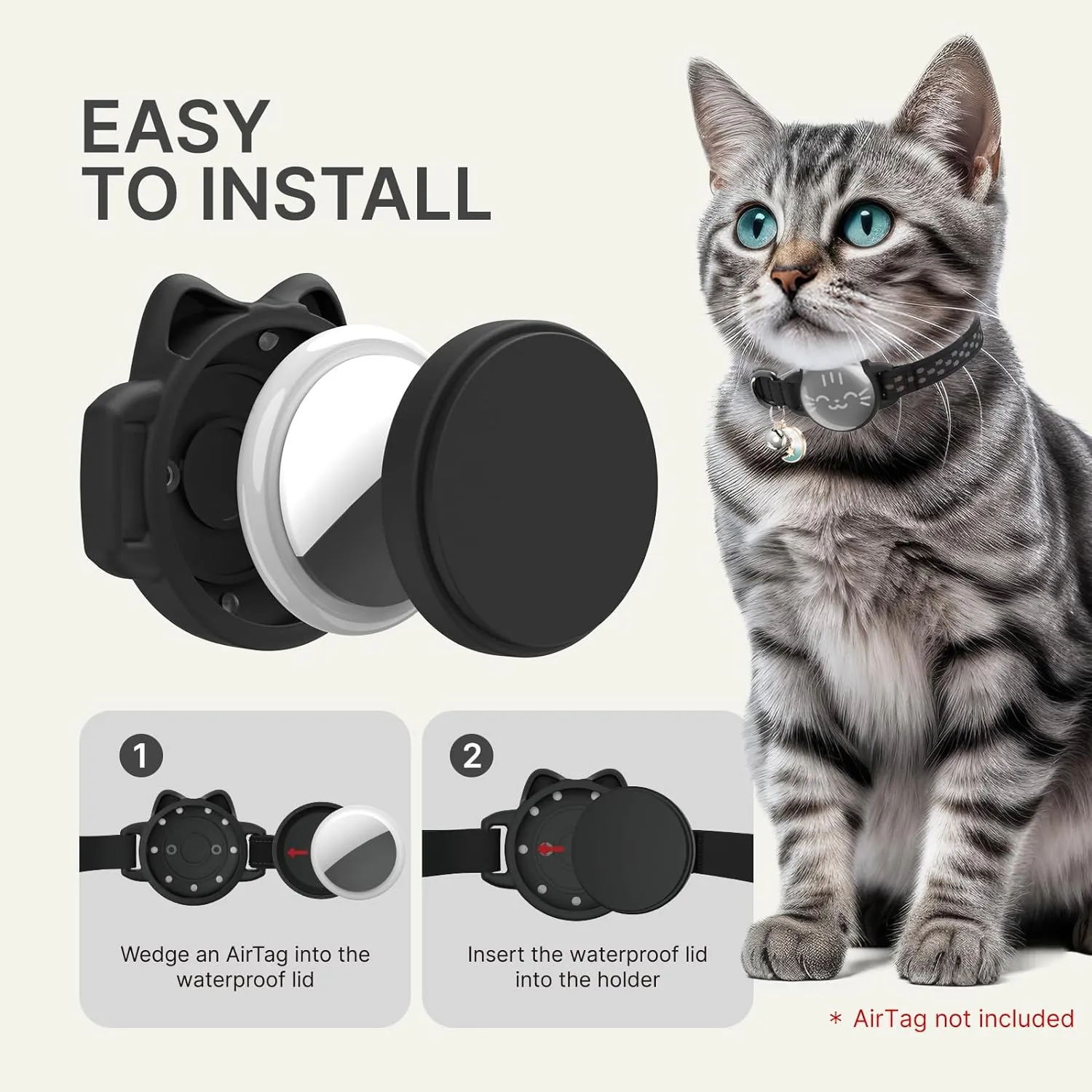 Waterproof Airtag Cat Collar with Luminous & Reflective Fish Pattern, Lightweight Kitten Collar for Apple AirTag, Hidden GPS Tracker Holder for Cats, Kittens (9-13")